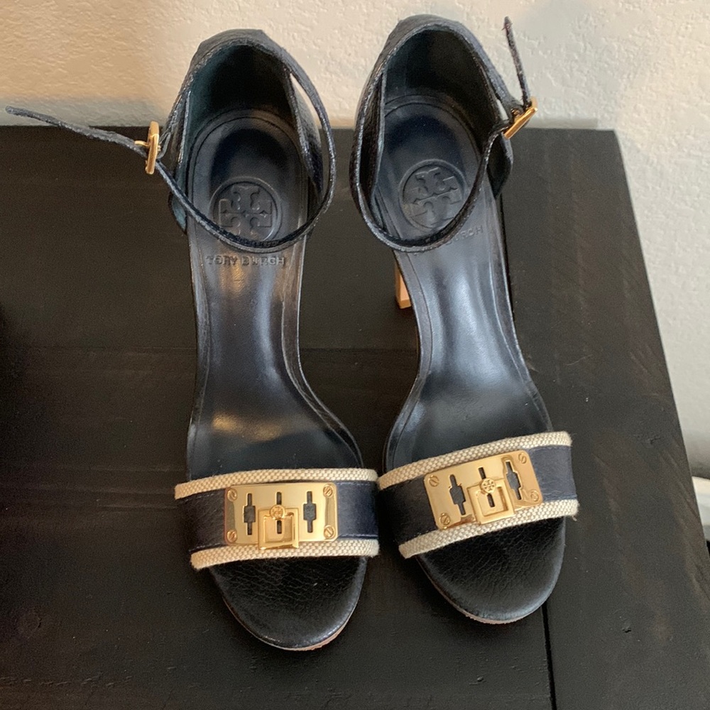 Tory Burch Navy and Gold Ankle Strap Heels